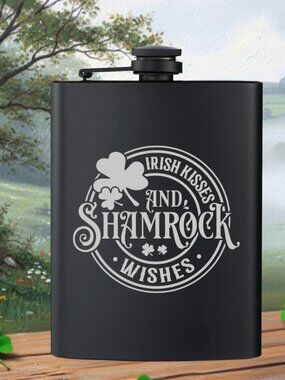 Personalized Irish Clover Kisses Wishes Shamrock Black Flask | Irish | Flask